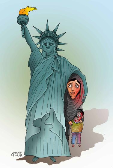 شاهد.. رسوم كاريكاتيرية تسخر من قرار "ترامب" بحظر دخول المسلمين